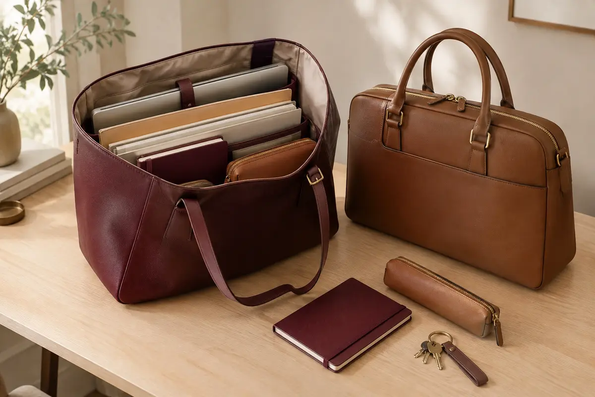 Cabas et sac de travail comparés sur un bureau avec ordinateur, dossiers et accessoires rangés