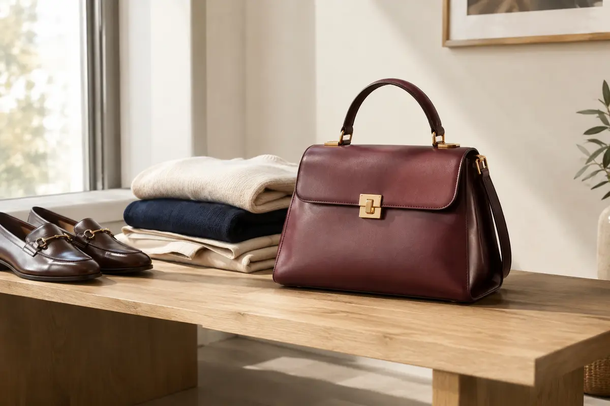 Sac à main posé près de vêtements neutres pour illustrer le choix d’une couleur facile à assortir.