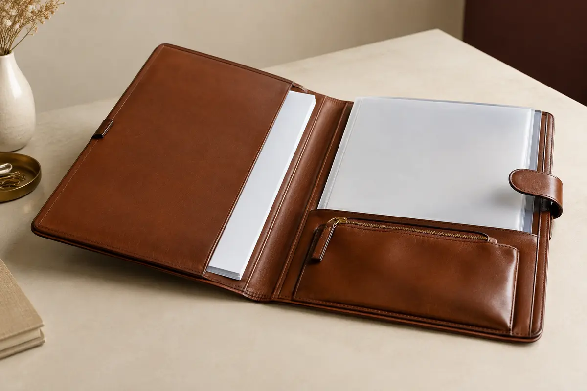 Porte-documents structuré contenant une chemise A4 et une pochette séparée pour les accessoires