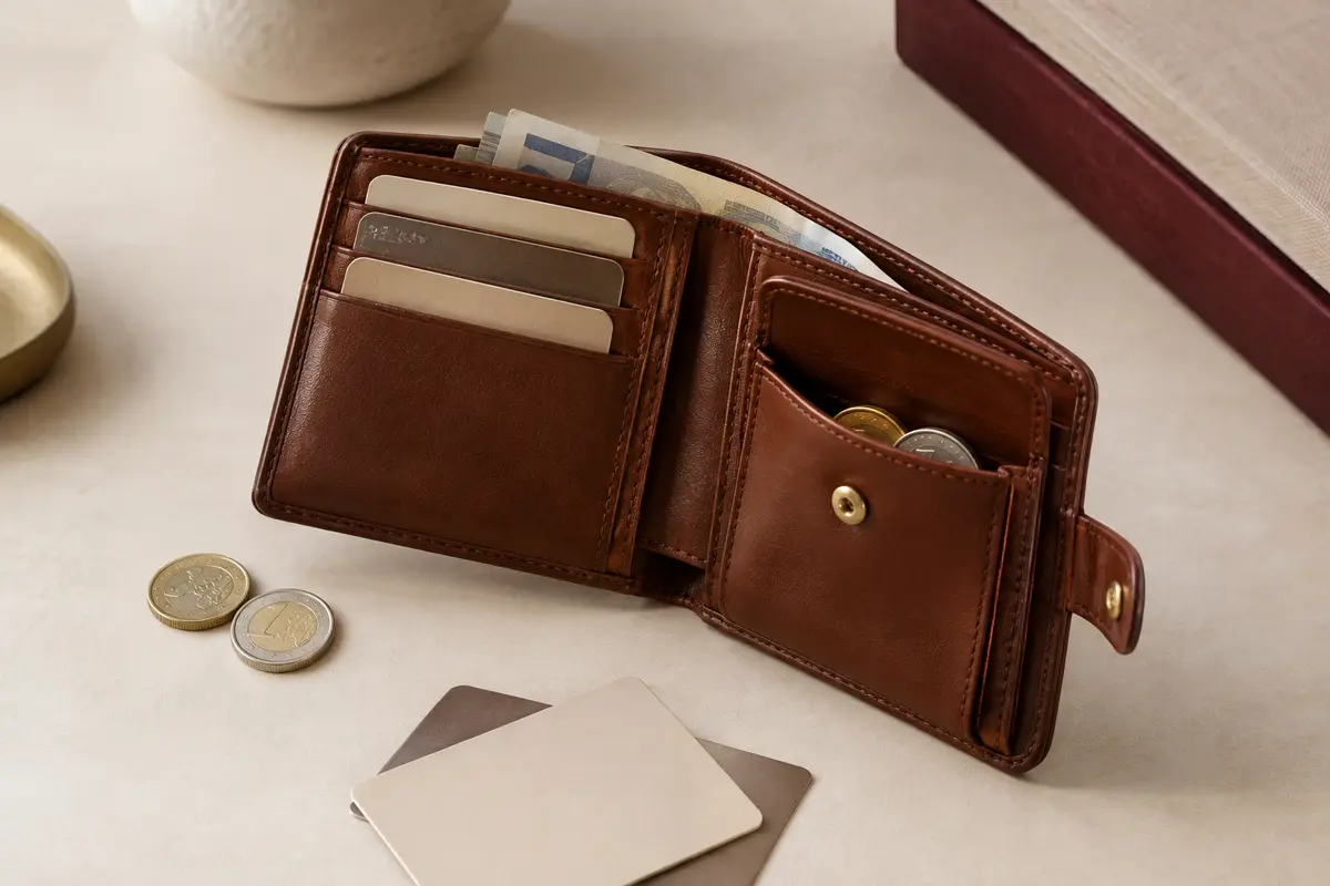 Portefeuille compact ouvert avec quelques cartes, un billet plié et une petite poche à monnaie