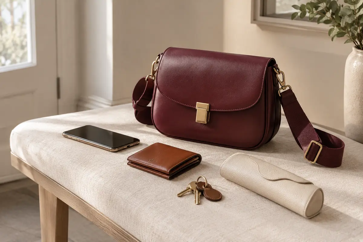 Sac bandoulière avec sangle réglable posé près d’un téléphone, de clés et d’un étui à lunettes.