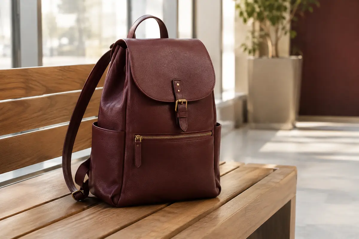 Sac à dos féminin élégant posé sur un banc, avec ses bretelles et ses poches visibles.