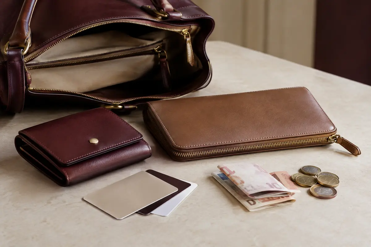 Portefeuille compact et compagnon comparés près d’un sac, avec cartes, billets et monnaie