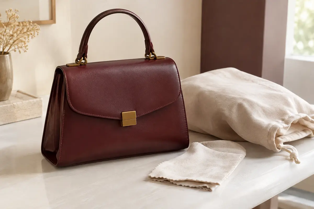 Sac à main synthétique posé près d’un chiffon doux et d’une housse de rangement