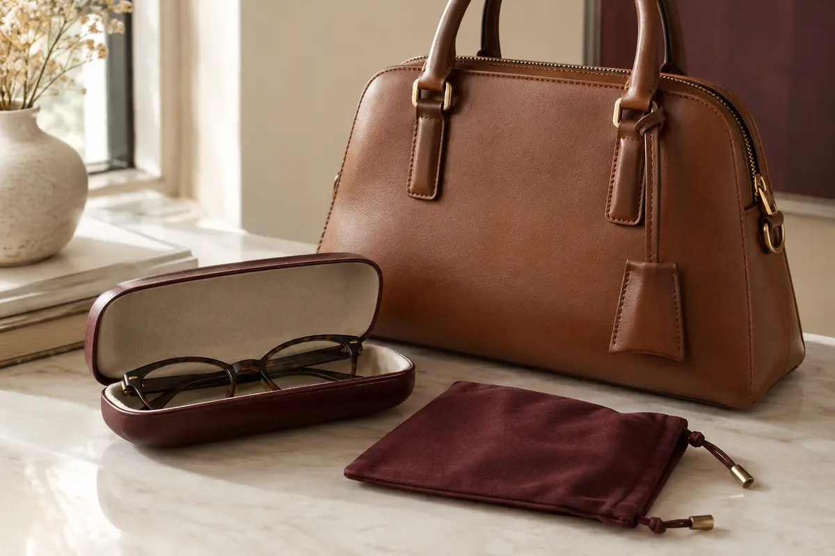 Étuis rigide et souple près d’un sac à main, avec une paire de lunettes rangée dans l’étui ouvert.