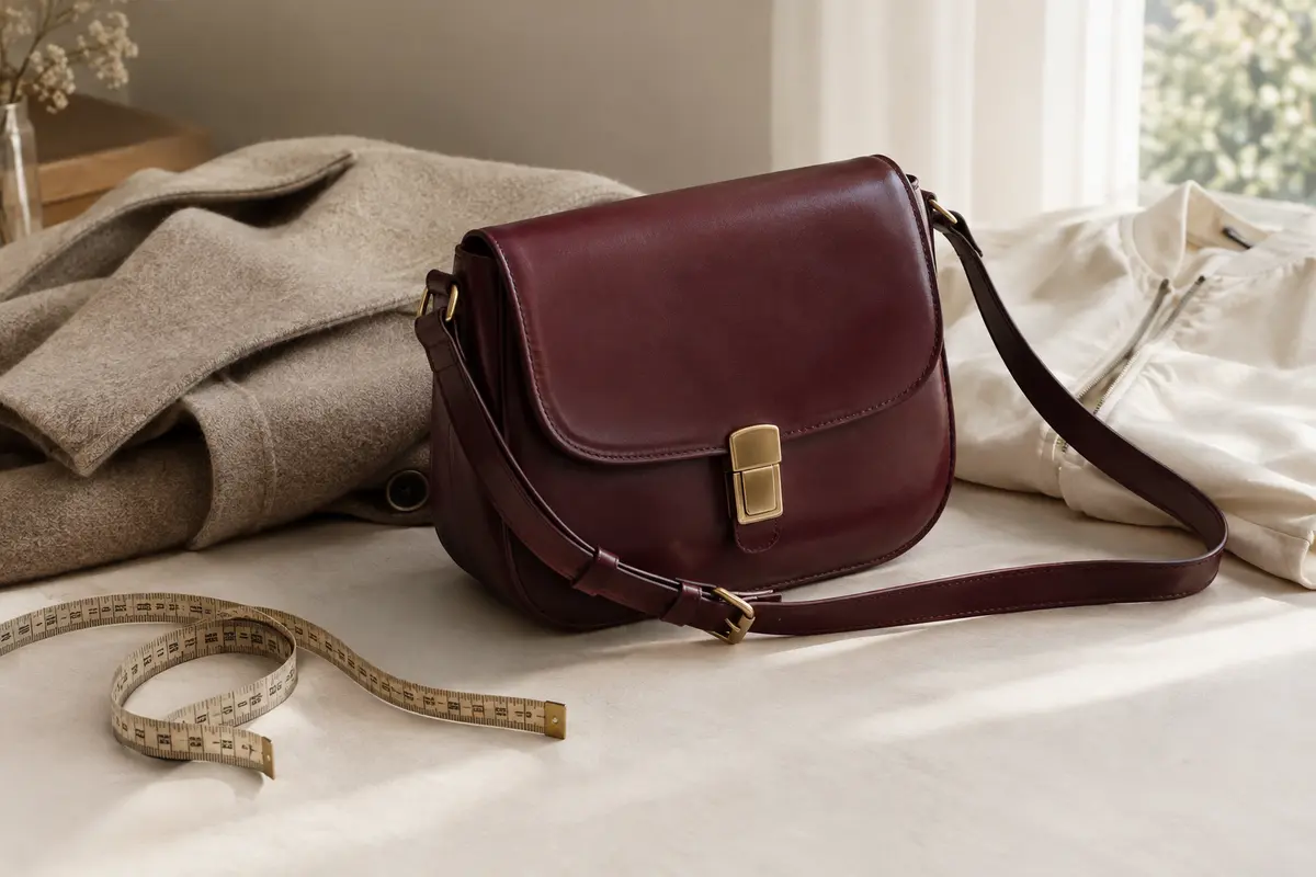 Sac bandoulière près d’un manteau et d’un mètre ruban pour illustrer le réglage de la sangle