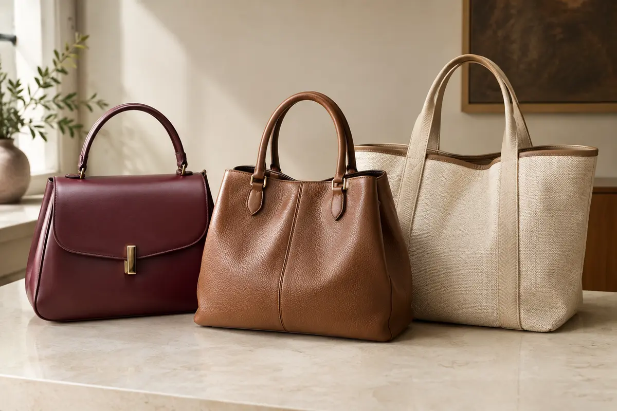 Comparaison de trois sacs de femme en cuir lisse, cuir grainé et toile sur une table claire.