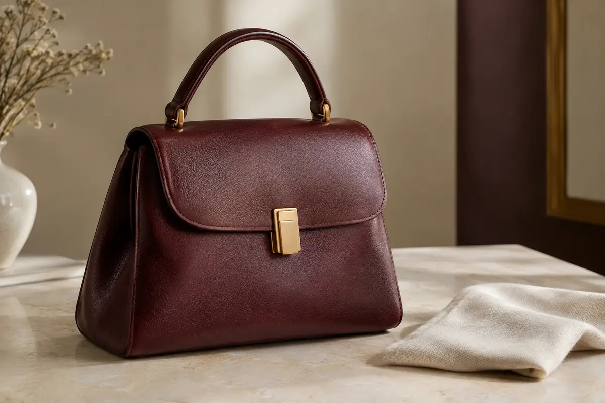 Sac à main en cuir posé près d’un chiffon doux, avec sa texture et son fermoir métallique visibles.