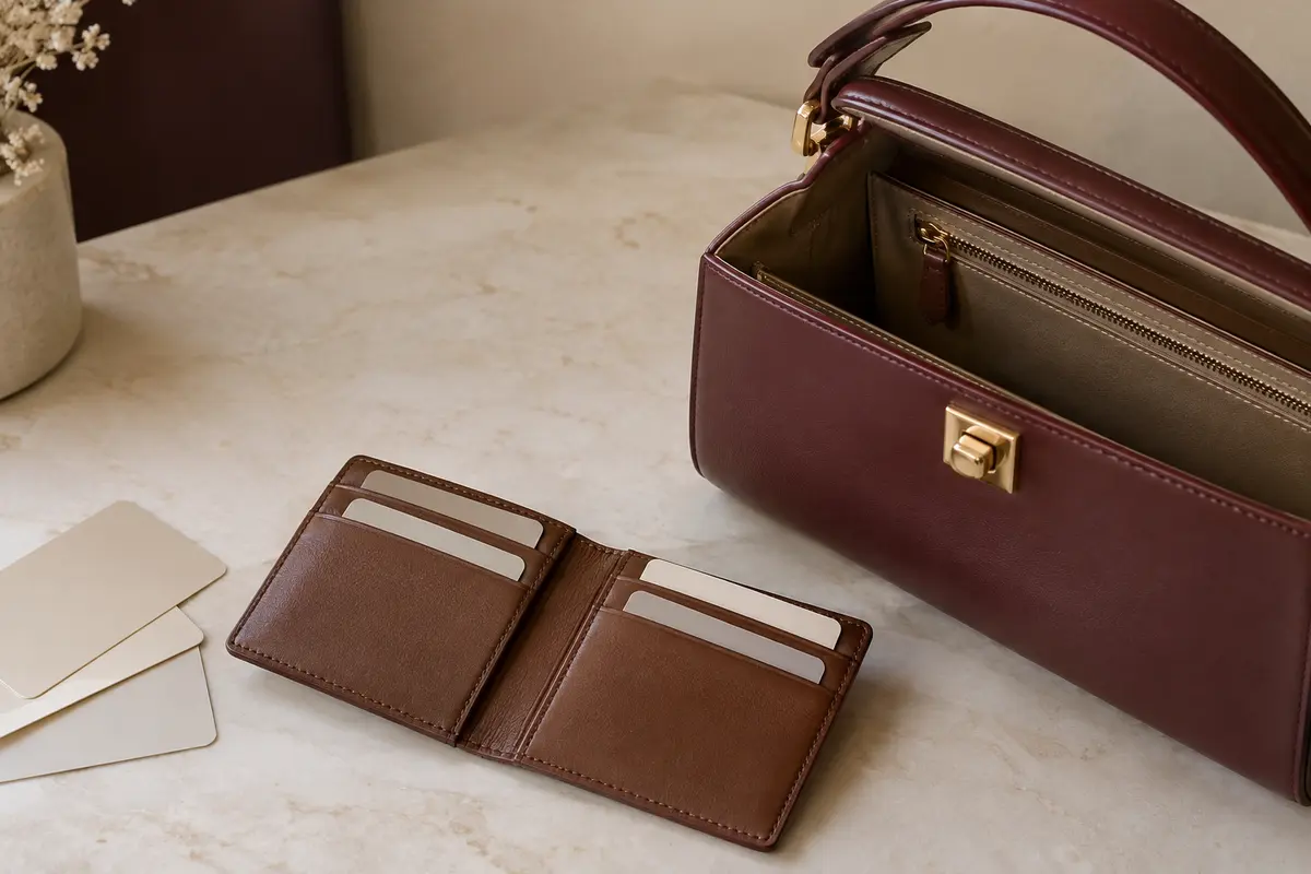 Porte-cartes fin et quelques cartes posés près du compartiment ouvert d’un petit sac