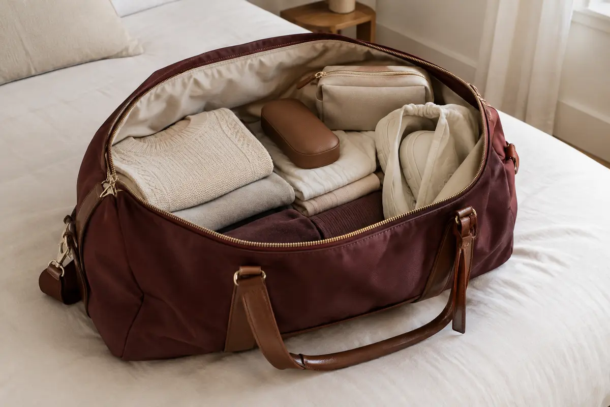 Sac de voyage ouvert avec vêtements séparés des chaussures et étui protégeant un objet fragile