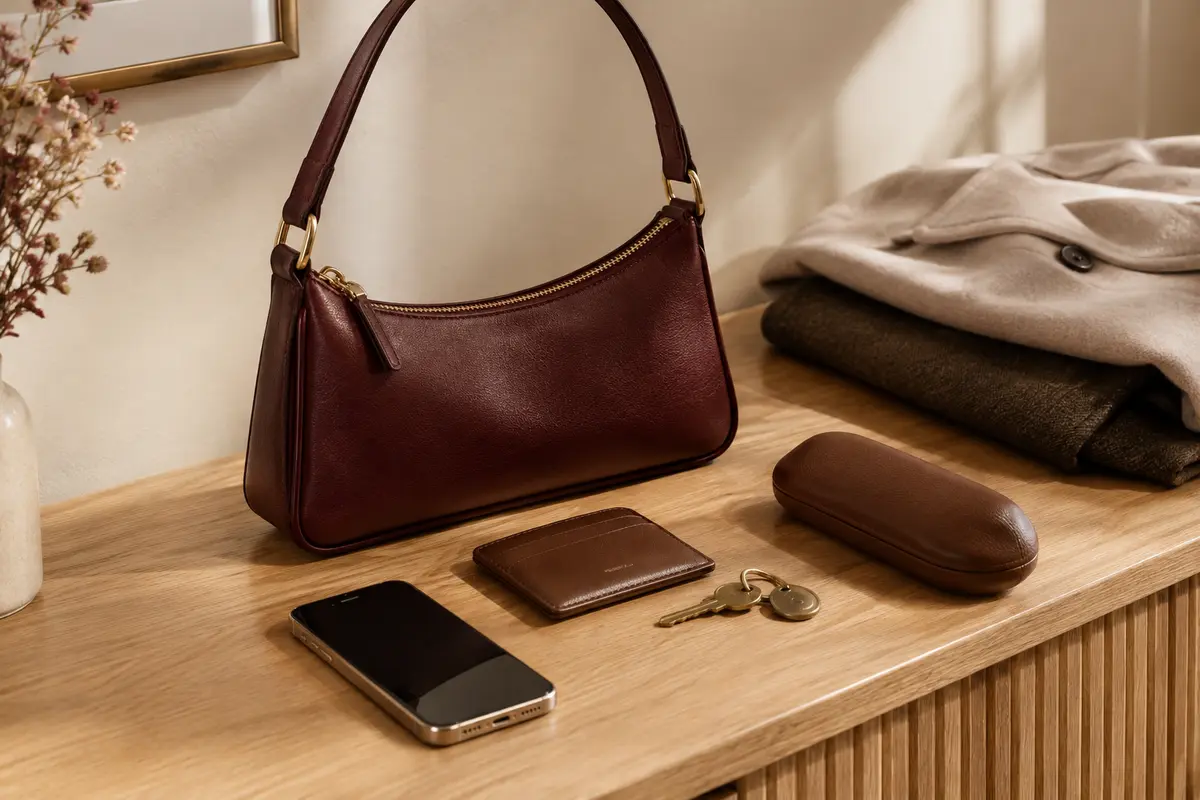 Sac baguette compact accompagné d’un téléphone, d’un porte-cartes, de clés et d’un étui à lunettes