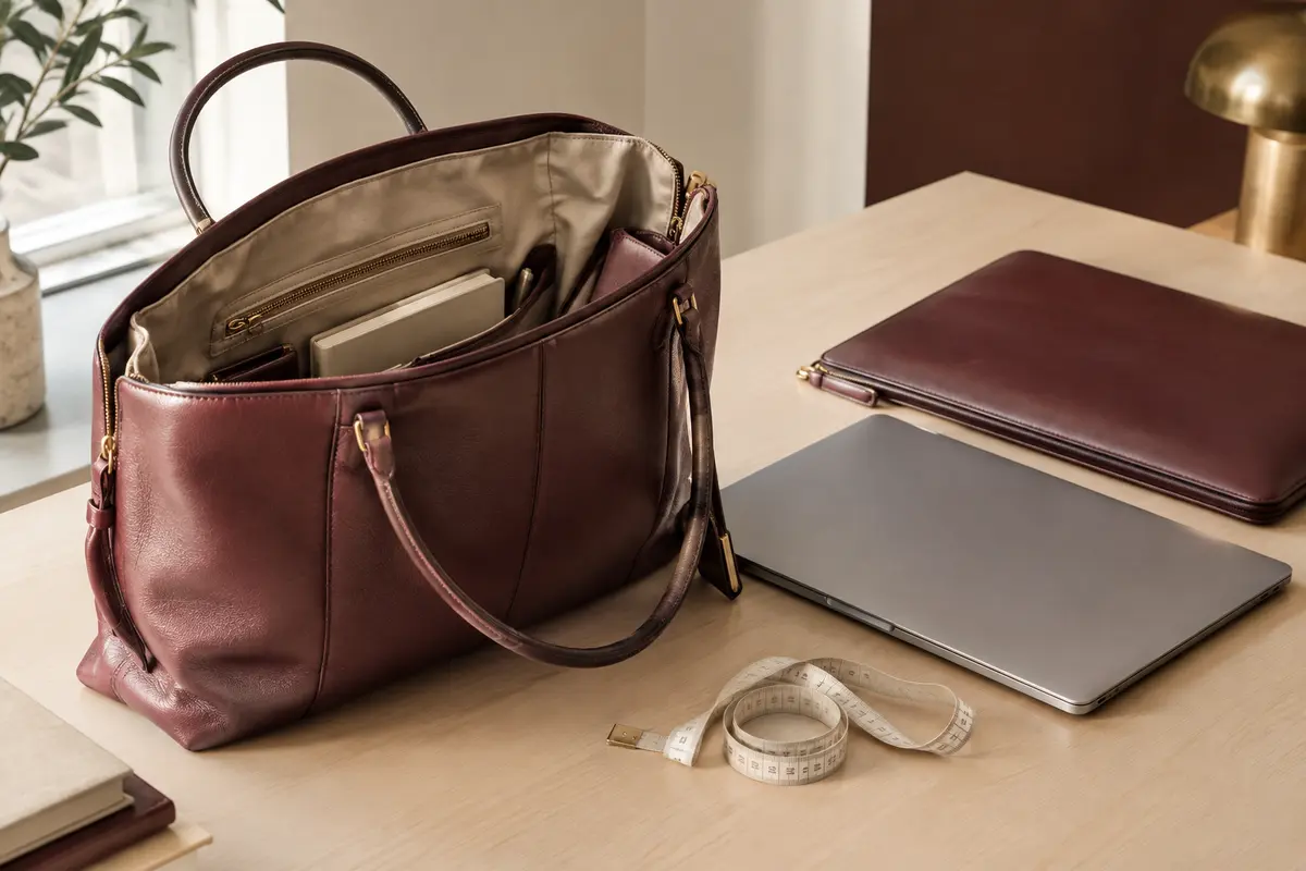 Un ordinateur fermé, sa housse et un sac de travail sont disposés avec un mètre ruban.