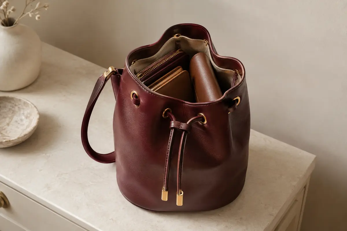 Sac seau posé, fermeture à cordon visible et essentiels rangés dans une pochette intérieure
