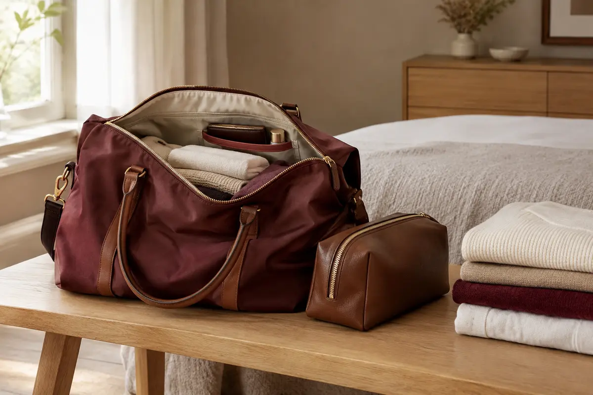 Sac de voyage souple ouvert près de vêtements pliés et d’une trousse, prêt pour un court séjour.