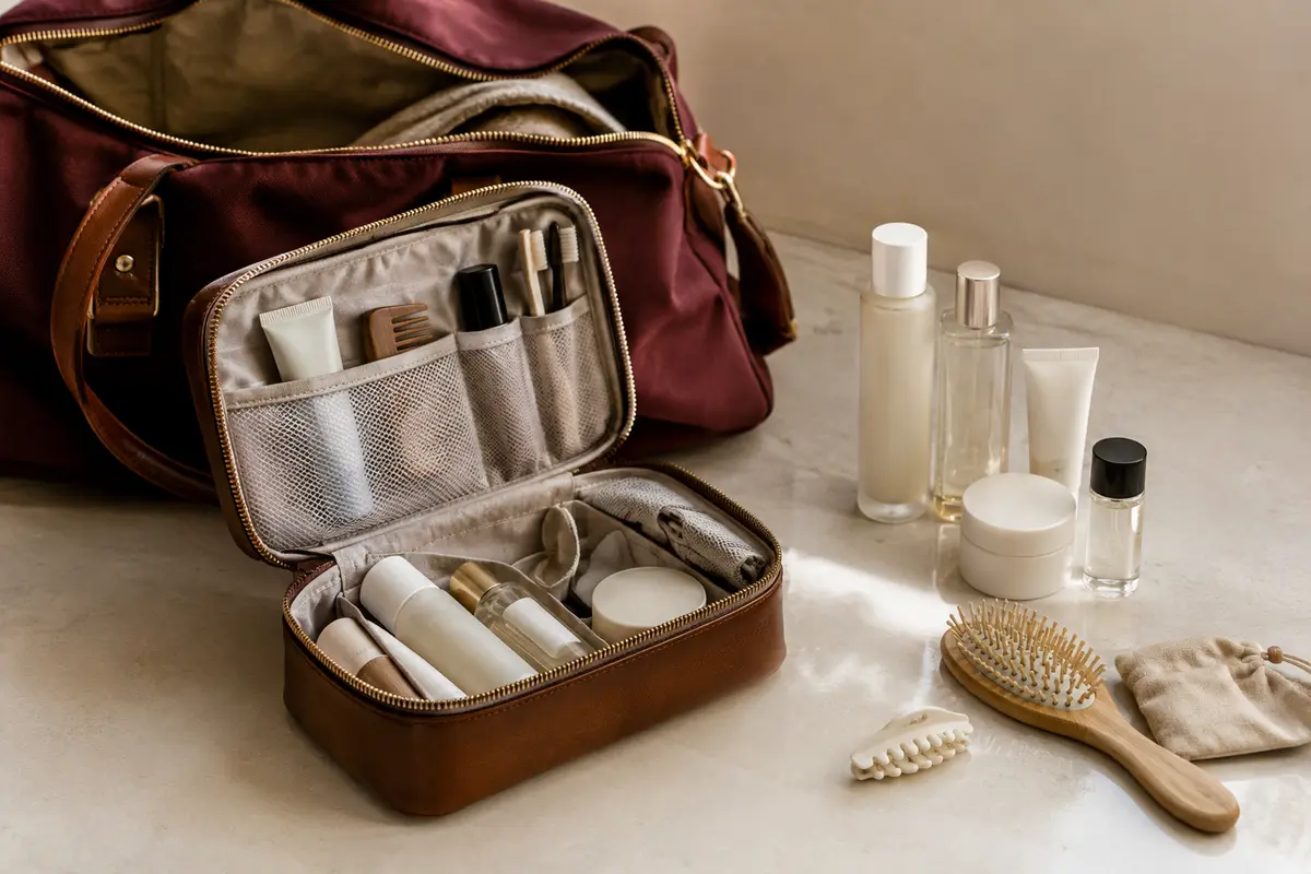 Trousse de toilette ouverte et essentiels regroupés à côté d’un sac de week-end