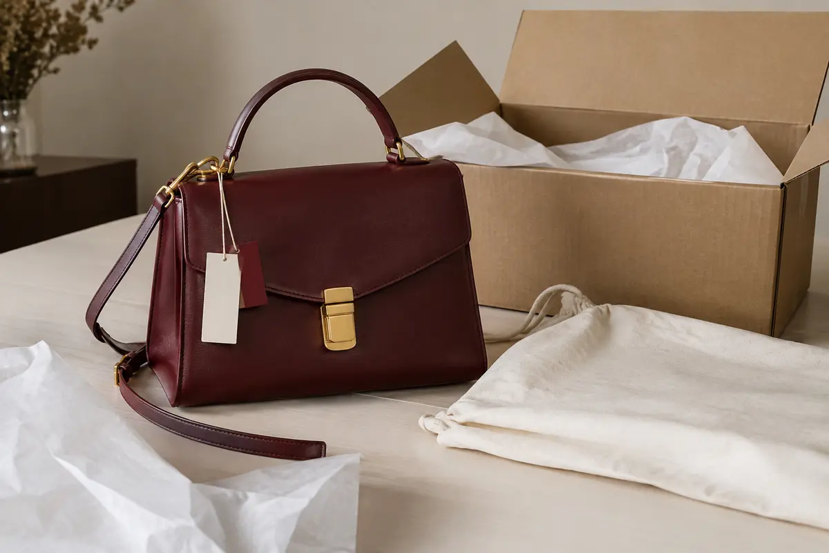 Sac à main avec étiquettes, housse de protection et emballage conservés avant une décision de retour.