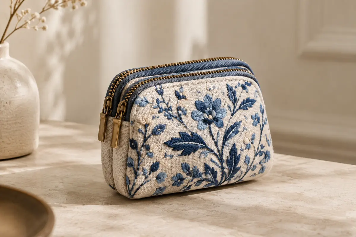 Porte-monnaie compact en toile brodée à motif floral, avec deux poches zippées.