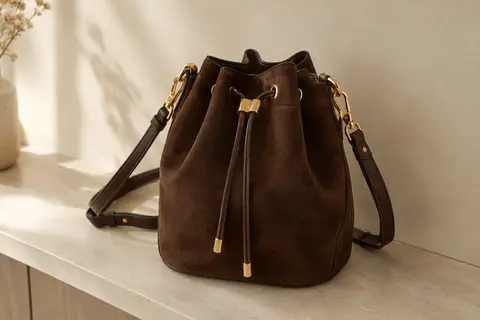 Sac seau marron foncé en faux daim avec cordon, détails dorés et deux bandoulières amovibles, posé devant un mur crème.