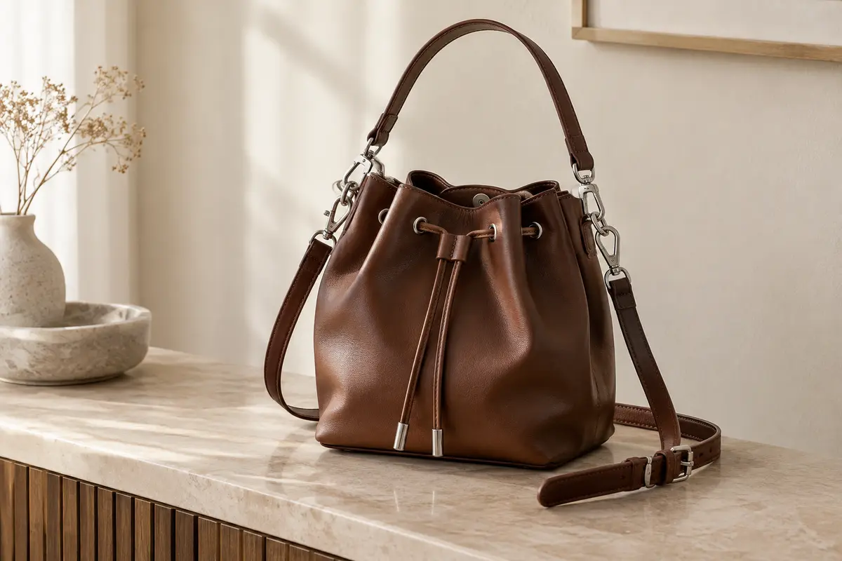 Sac seau Hobo marron en cuir végétalien avec cordon de serrage et sangle amovible