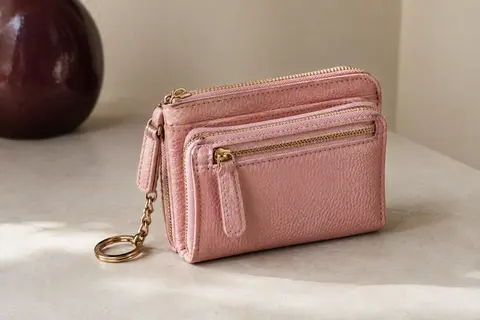 Porte-monnaie compact rose Aucuu en polyuréthane texturé, avec compartiments zippés et porte-clés intégré