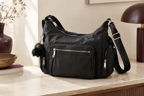 Sac bandoulière noir en nylon à poches multiples, posé dans un intérieur crème avec sa bandoulière réglable.