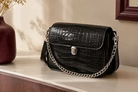 Mini sac Aucuu noir à motif crocodile, avec chaîne et détails argentés, posé dans un intérieur sobre.
