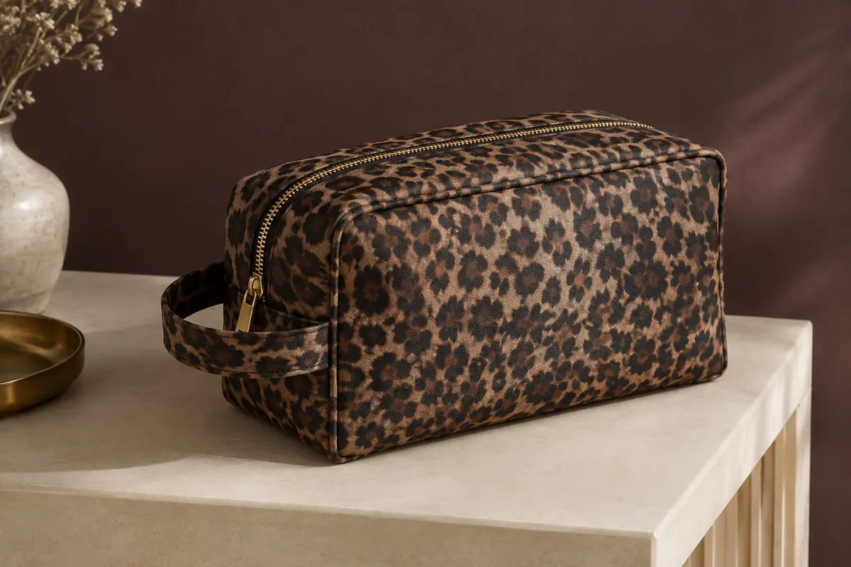 Trousse de toilette souple à motif léopard, avec poignée et fermeture éclair, posée sur une console crème.