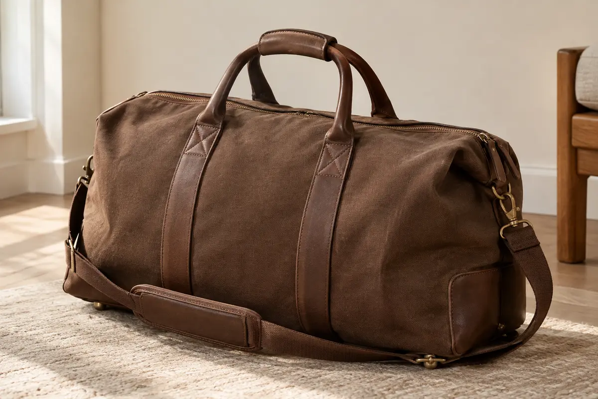 Grand sac de voyage en toile brun café avec poignées, bandoulière amovible et garnitures façon cuir