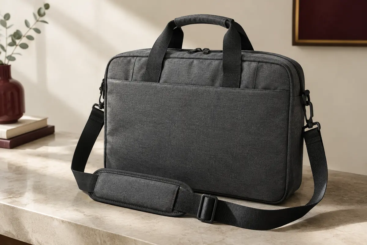 Sacoche ordinateur Bagasin gris foncé avec poignées, bandoulière réglable et poche avant.