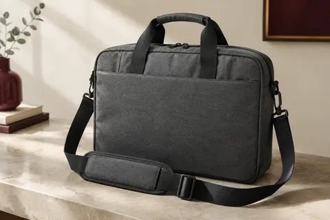 Sacoche ordinateur Bagasin gris foncé avec poignées, bandoulière réglable et poche avant.