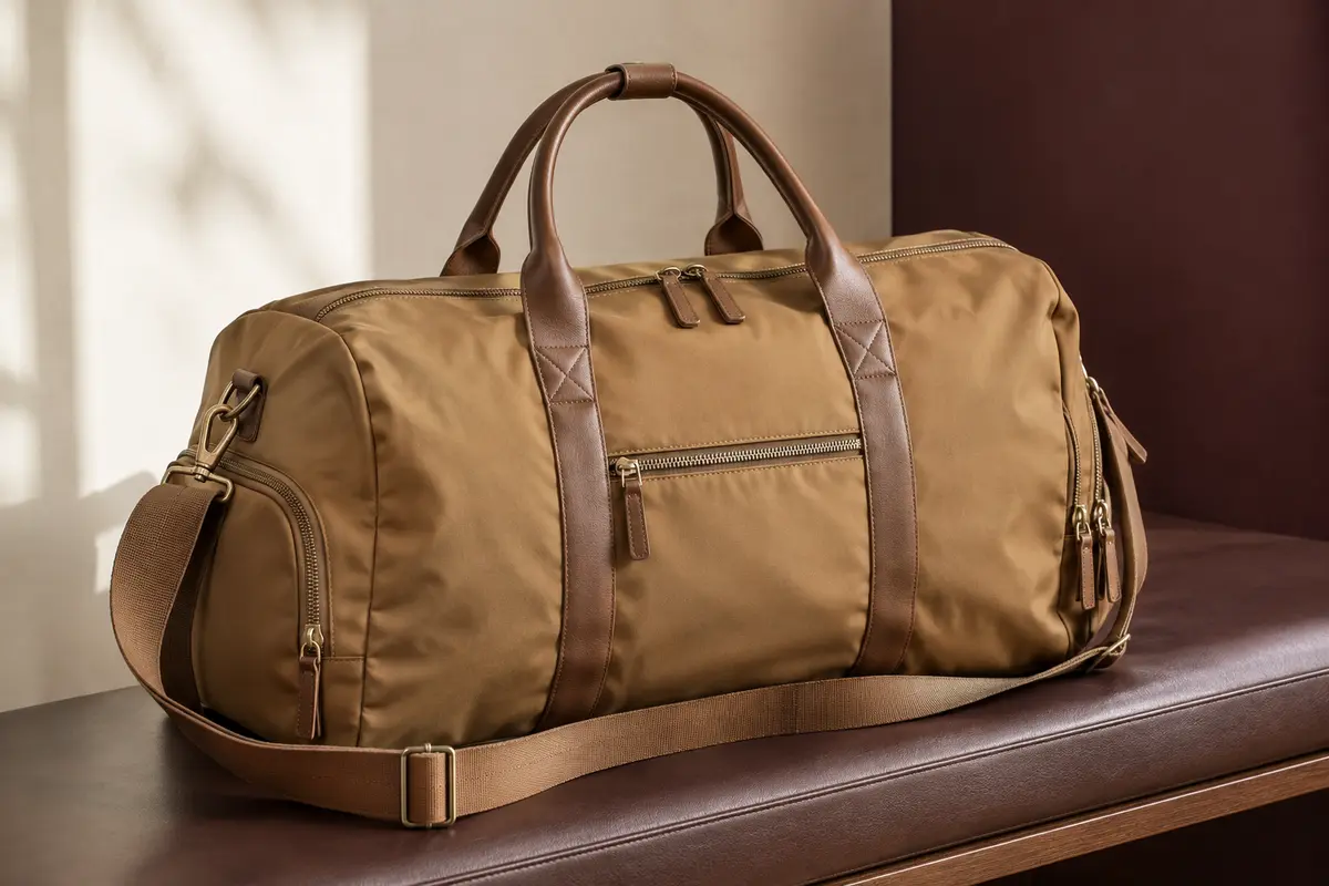 Sac de voyage souple en nylon camel avec poignées, bandoulière et poches, posé dans un intérieur crème.