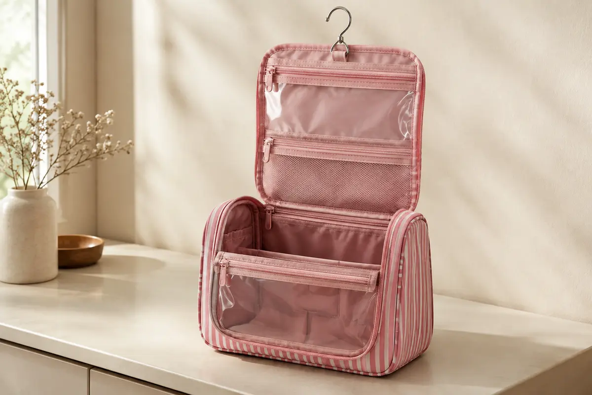 Trousse de toilette rose à rayures ouverte, avec compartiments transparents et crochet de suspension