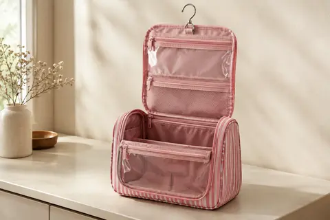 Trousse de toilette rose à rayures ouverte, avec compartiments transparents et crochet de suspension