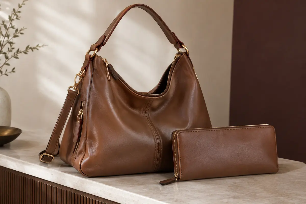Cabas hobo Baigio en simili cuir marron avec bandoulière amovible et portefeuille assorti