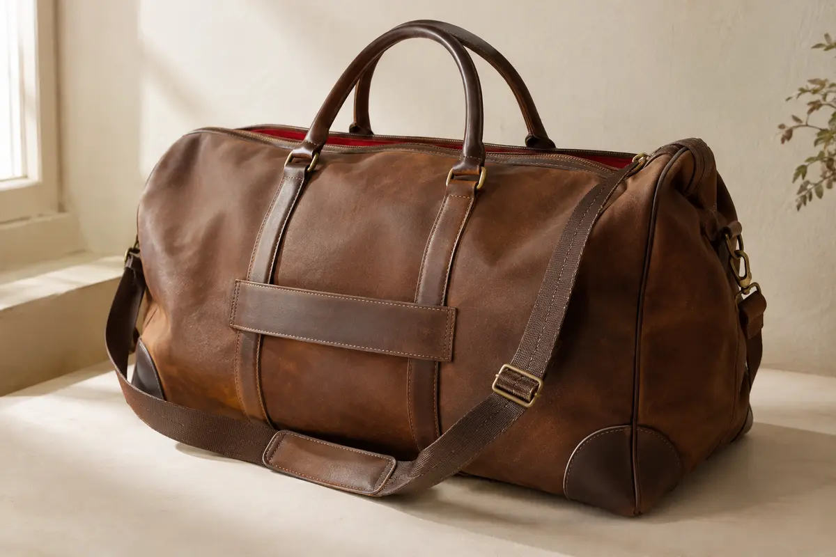 Sac de voyage Baosha en simili cuir marron, avec bandoulière et doublure rouge visible