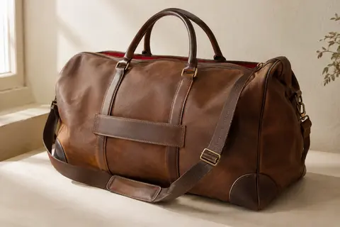 Sac de voyage Baosha en simili cuir marron, avec bandoulière et doublure rouge visible