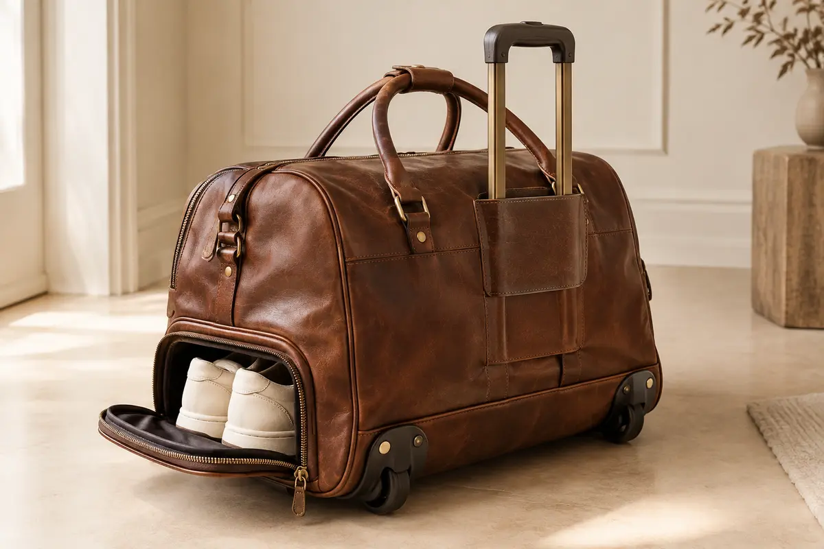 Sac de voyage rétro en similicuir marron avec compartiment à chaussures, roulettes et passant pour valise.