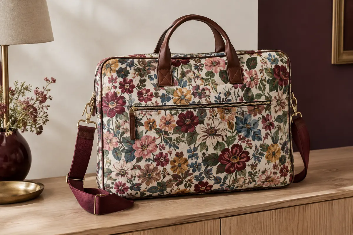 Sacoche Baosha pour ordinateur à motif floral multicolore, avec poignée et bandoulière réglable.