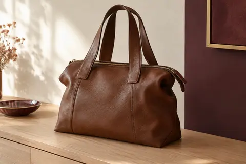 Cabas marron en cuir de vachette posé dans un intérieur sobre, avec larges poignées et fermeture zippée