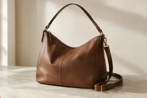 Sac hobo marron en cuir souple avec poignée courte et bandoulière amovible, posé dans un intérieur lumineux.