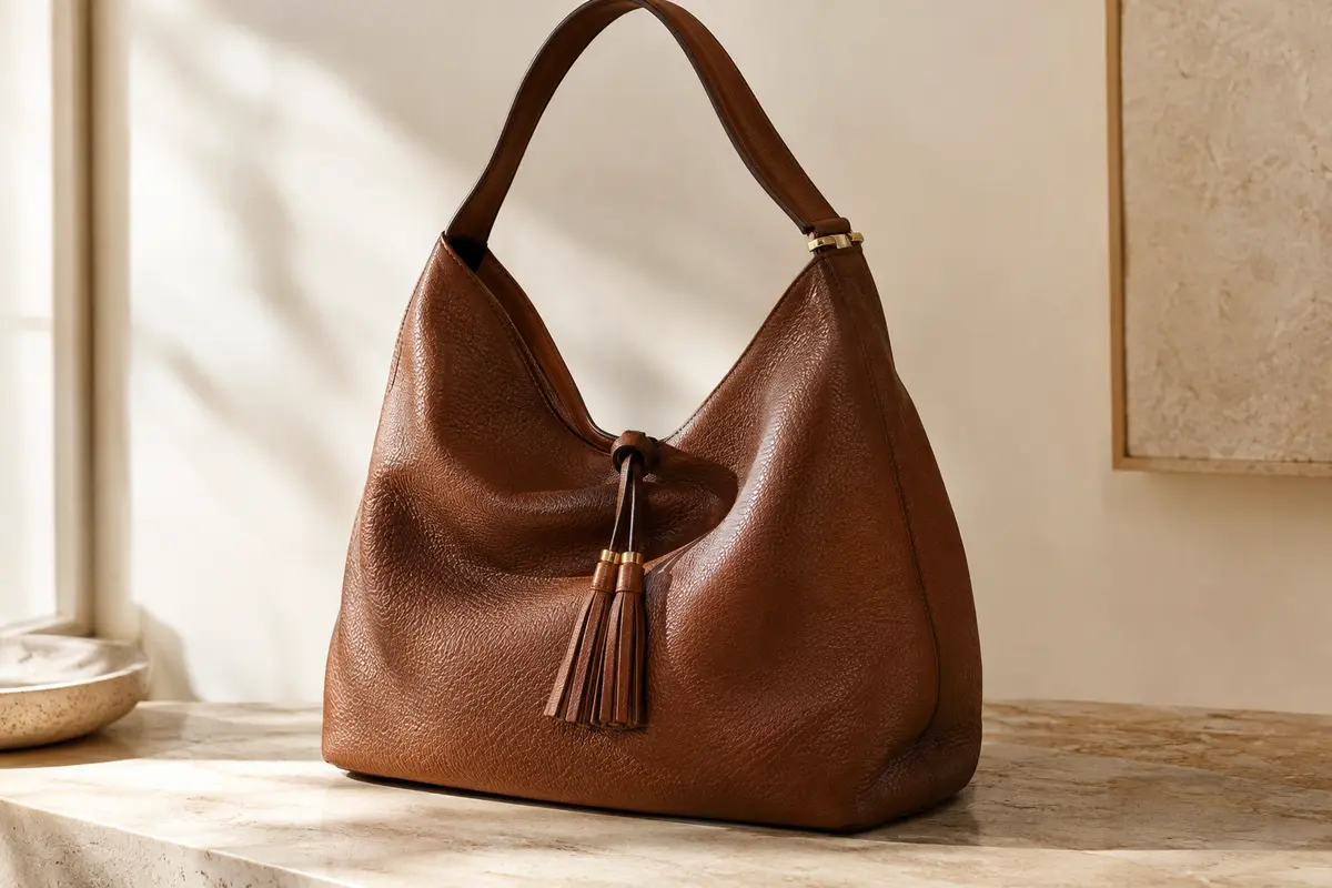 Sac hobo marron en cuir texturé à silhouette souple, posé dans un intérieur crème à la lumière naturelle.