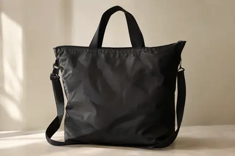 Sac cabas noir en nylon à fermeture zippée, avec poignée et bandoulière, posé dans un intérieur crème.