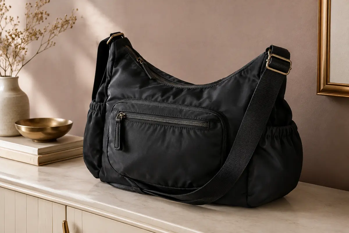 Sac bandoulière Btneeu en nylon noir avec poches zippées, rangements latéraux et bandoulière réglable
