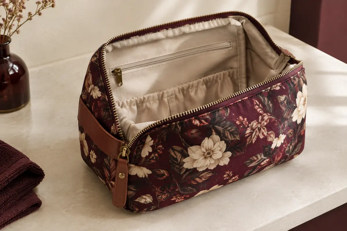 Trousse de toilette Cabaia à motif floral, avec ouverture grand angle, posée dans un intérieur crème