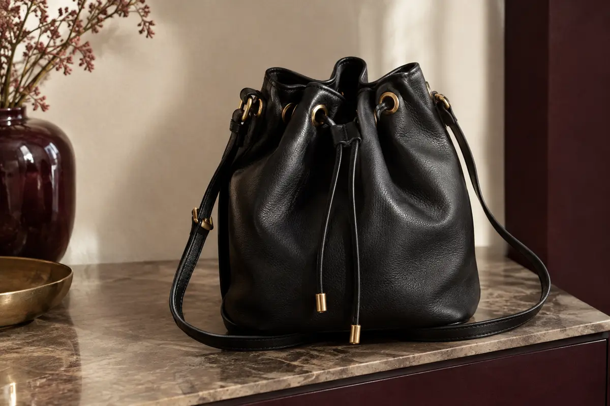 Sac seau compact en cuir noir avec cordon, œillets en laiton et bandoulière amovible