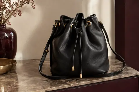 Sac seau compact en cuir noir avec cordon, œillets en laiton et bandoulière amovible