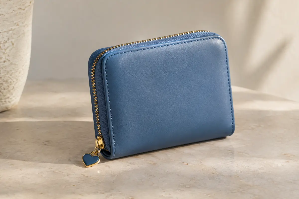 Petit portefeuille bleu en simili cuir avec fermeture éclair et pendentif cœur, posé dans un intérieur sobre