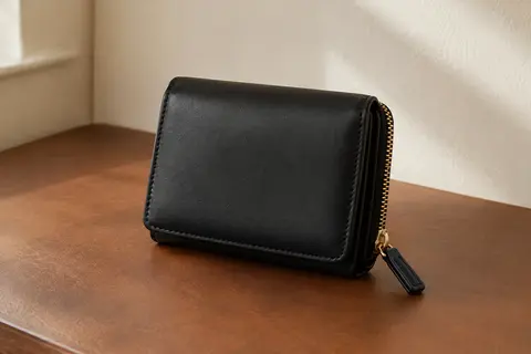 Portefeuille compact noir en PU lisse posé dans un intérieur sobre, avec ses fermetures visibles