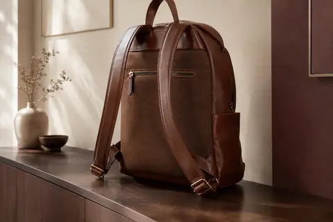 Sac à dos marron en cuir et polyester, avec une poche arrière et un compartiment pour ordinateur portable