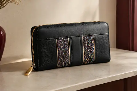 Portefeuille compagnon noir à bandes de paillettes multicolores et fermeture éclair dorée, posé sur une console.
